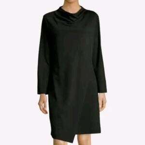 Joan Vass Asymmetric Front Drape Long Sleeve Dress Large Pockets Lagenlook